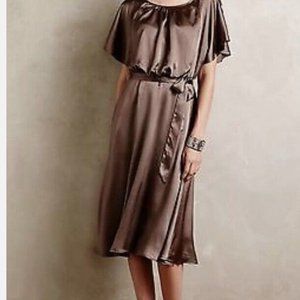 Satin Midi Dress in Bronze - Women's Elegant Belted Dress